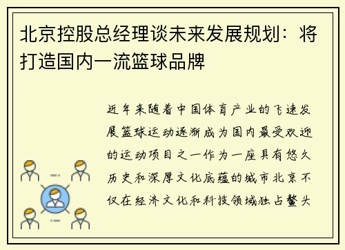 北京控股总经理谈未来发展规划：将打造国内一流篮球品牌